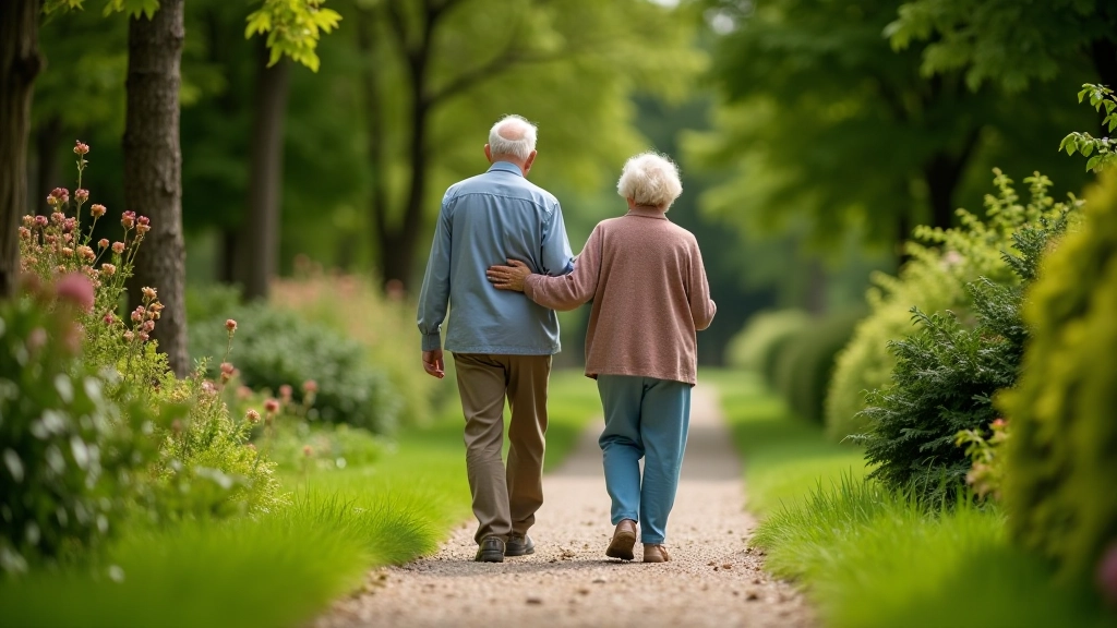 Senior pár procházející se po kvalitně upravené cestě se stopami v přírodě