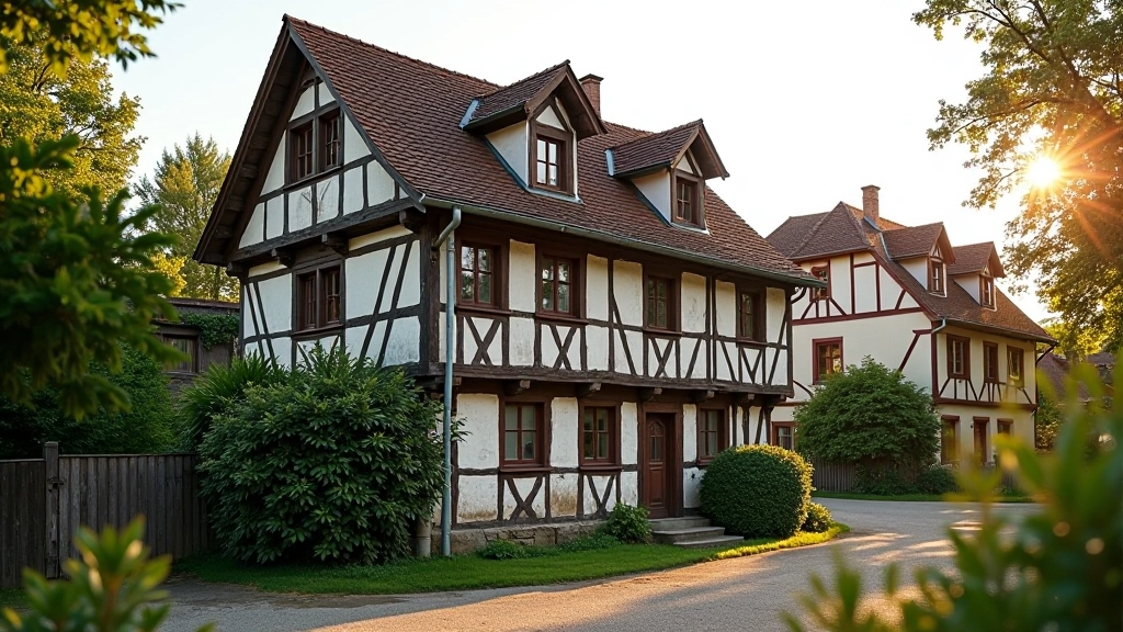 Dobře zachovaná historická stavba s fachwerkem v přírodním prostředí, ukazující dlouhodobou odolnost konstrukce