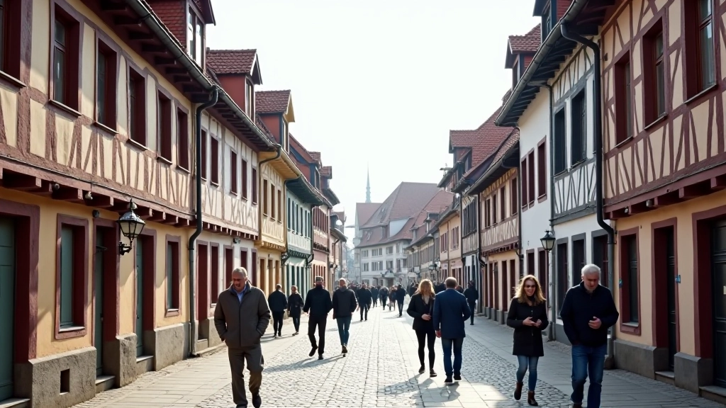 Ulice plná historických hrázděných domů v centru Chebu